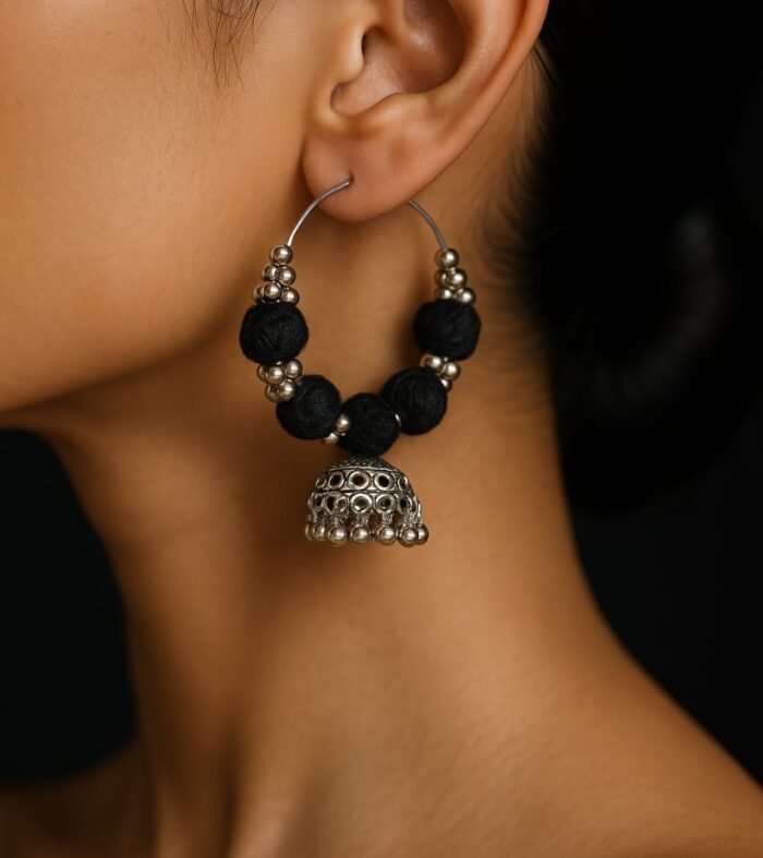 Oxidised Black Thread Hoop Jhumka Earrings – Handcrafted Ethnic Charm